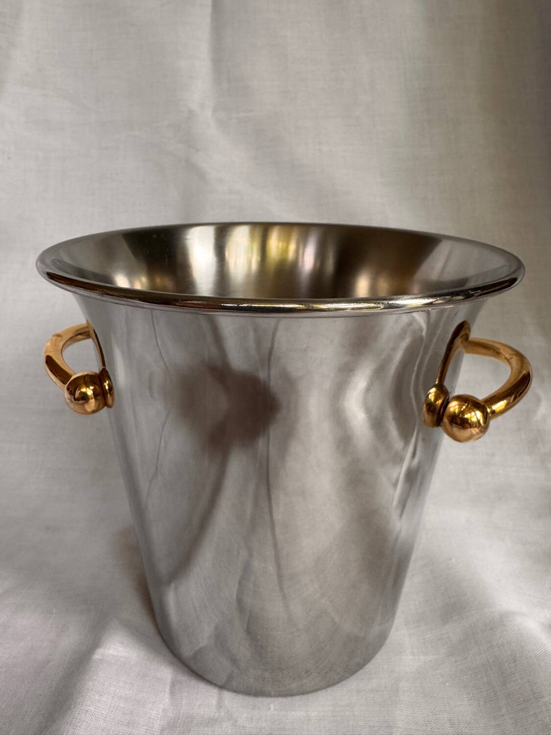 Guy Degrenne stainless steel ice bucket with golden handles