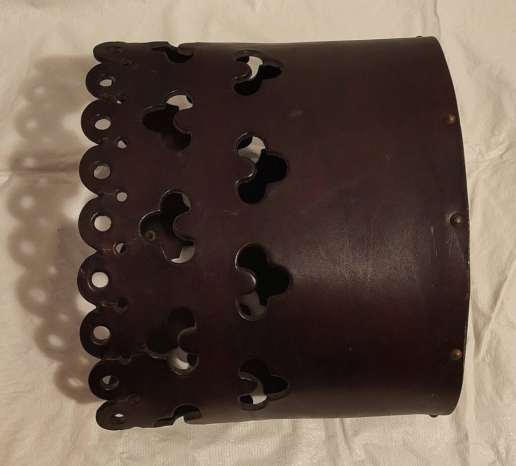 Vintage Magazine Rack Holder Waste Basket Cut Work Brown Leather Oval Shape