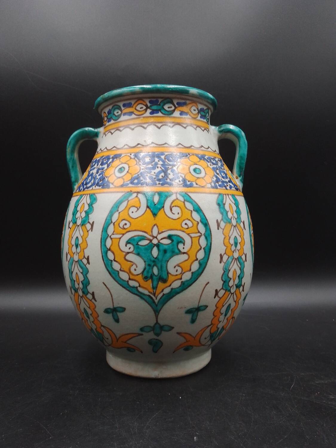 Vase pot with two handles in Moroccan ceramic signed Fes Moroccan