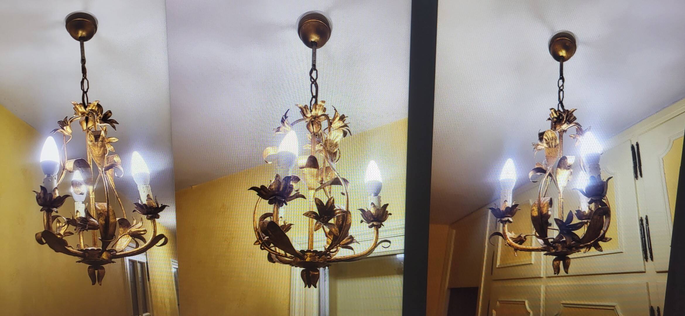 Set of 3 gold painted metal chandeliers