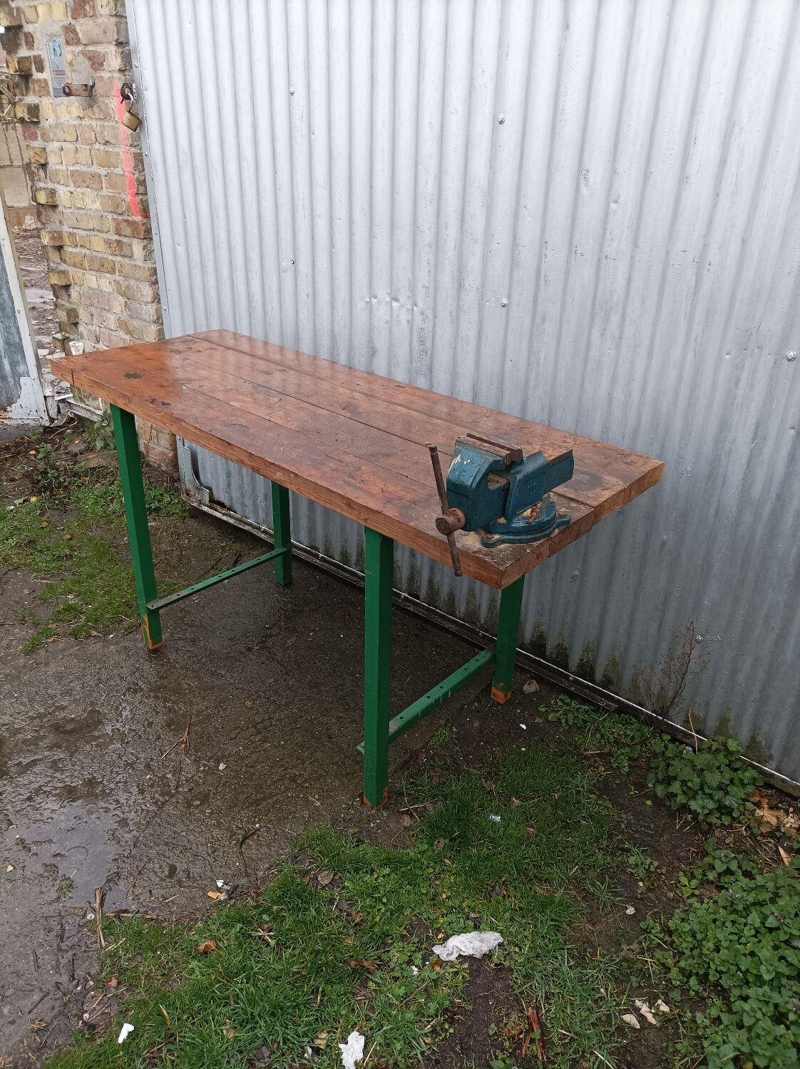 Industrial workshop workbench, wood and metal work table