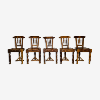 Set of 5 wooden chairs, handcrafted work
