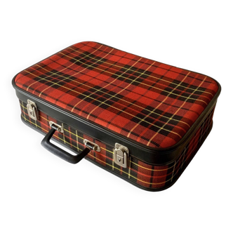 Suitcase in cardboard and vintage tartan fabric with its 2 keys