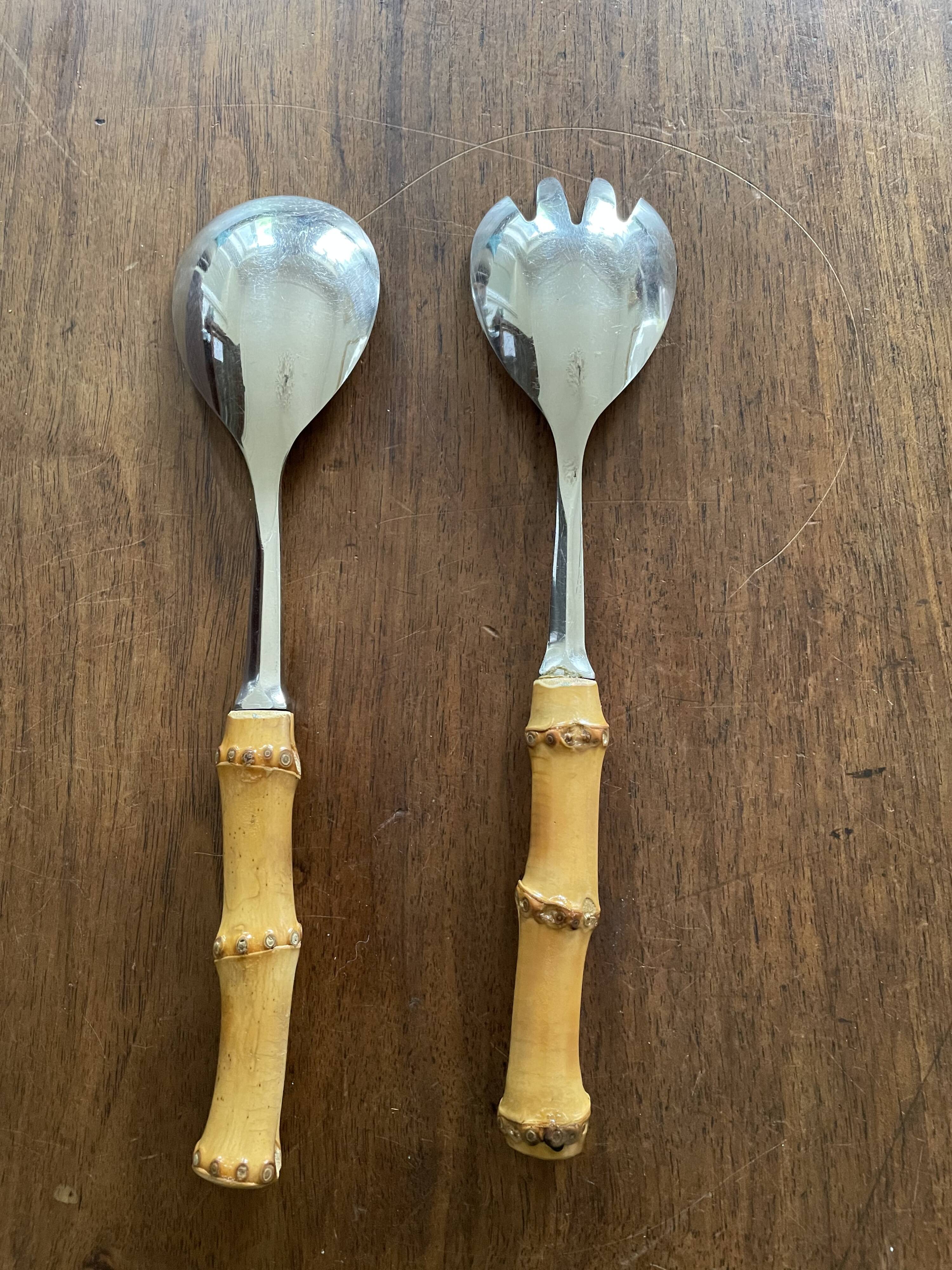 Serving cutlery with bamboo and stainless steel handles
