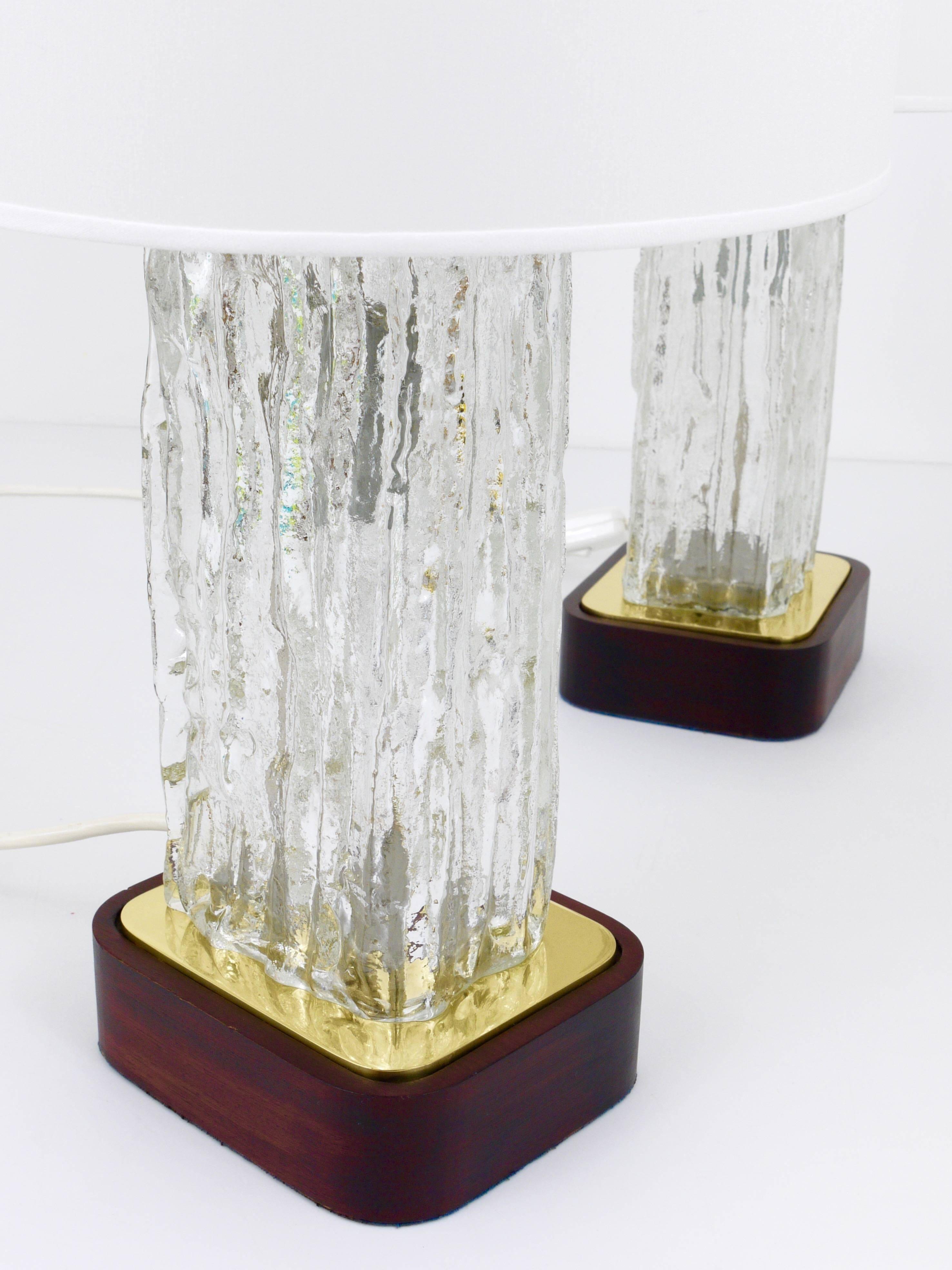 Pair of large glass ice table lamps by J.T. Kalmar "Frankenberg" with illuminated base.