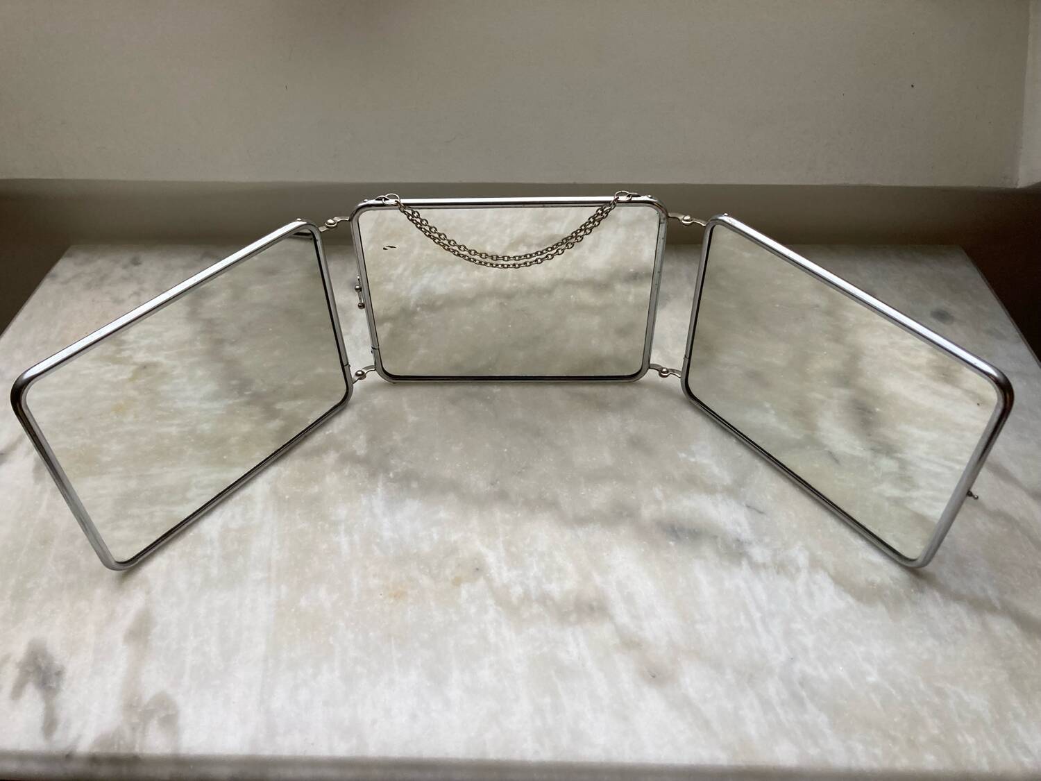 Vintage horizontal triptych barber mirror