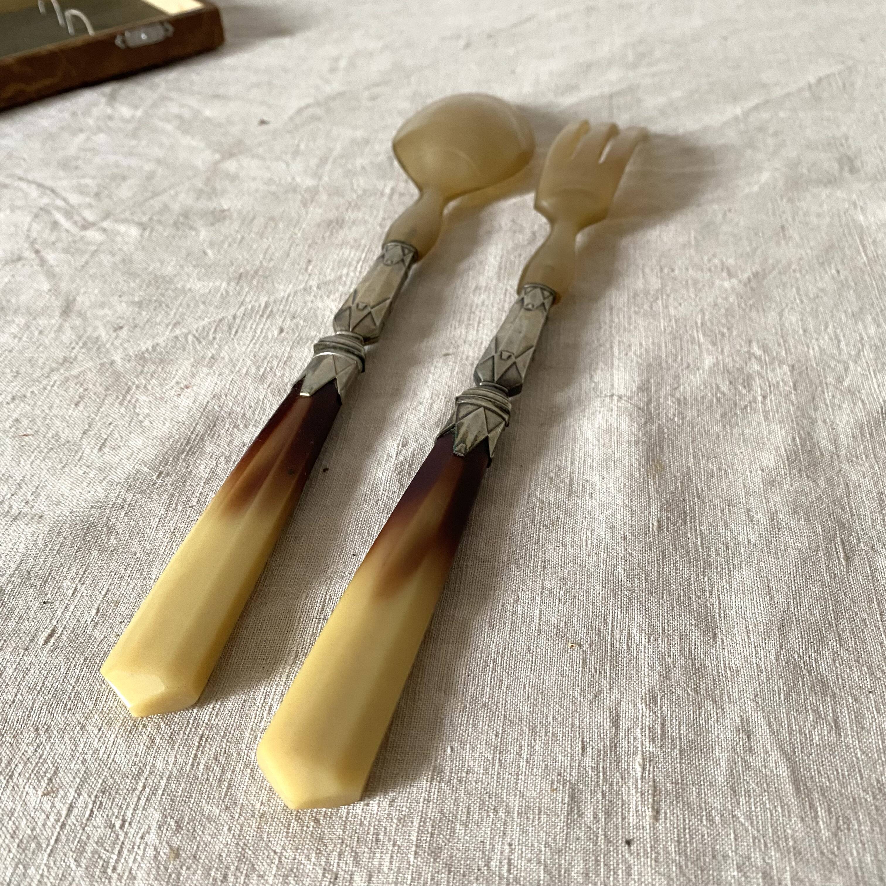 Antique silver plated and horn salad servers