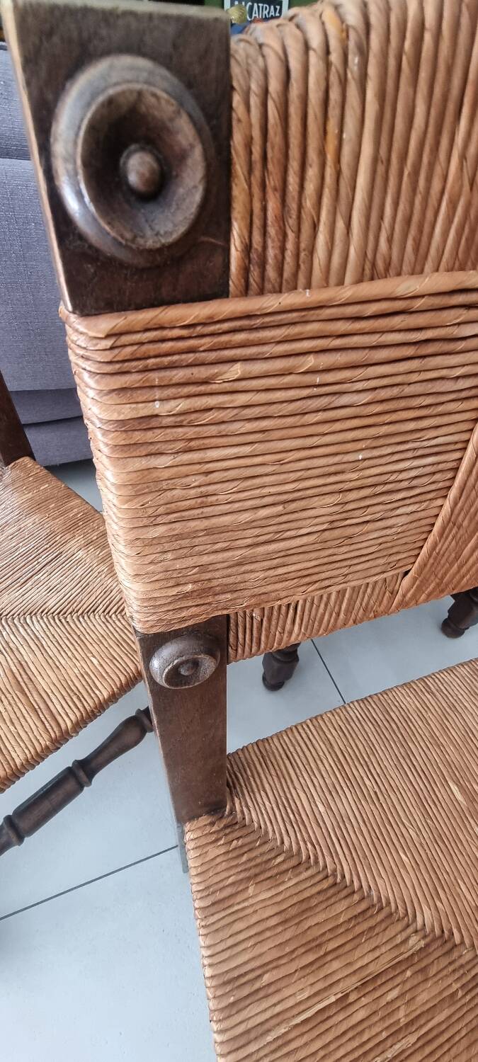 5 straw and wood chairs, brutalist 60s