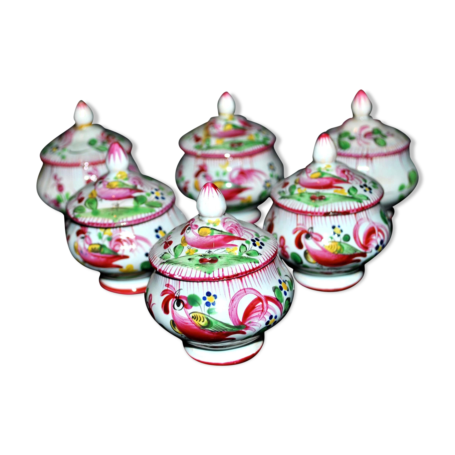 Set of 6 antique earthenware cream pots at the Coq Faïencerie de l'Est