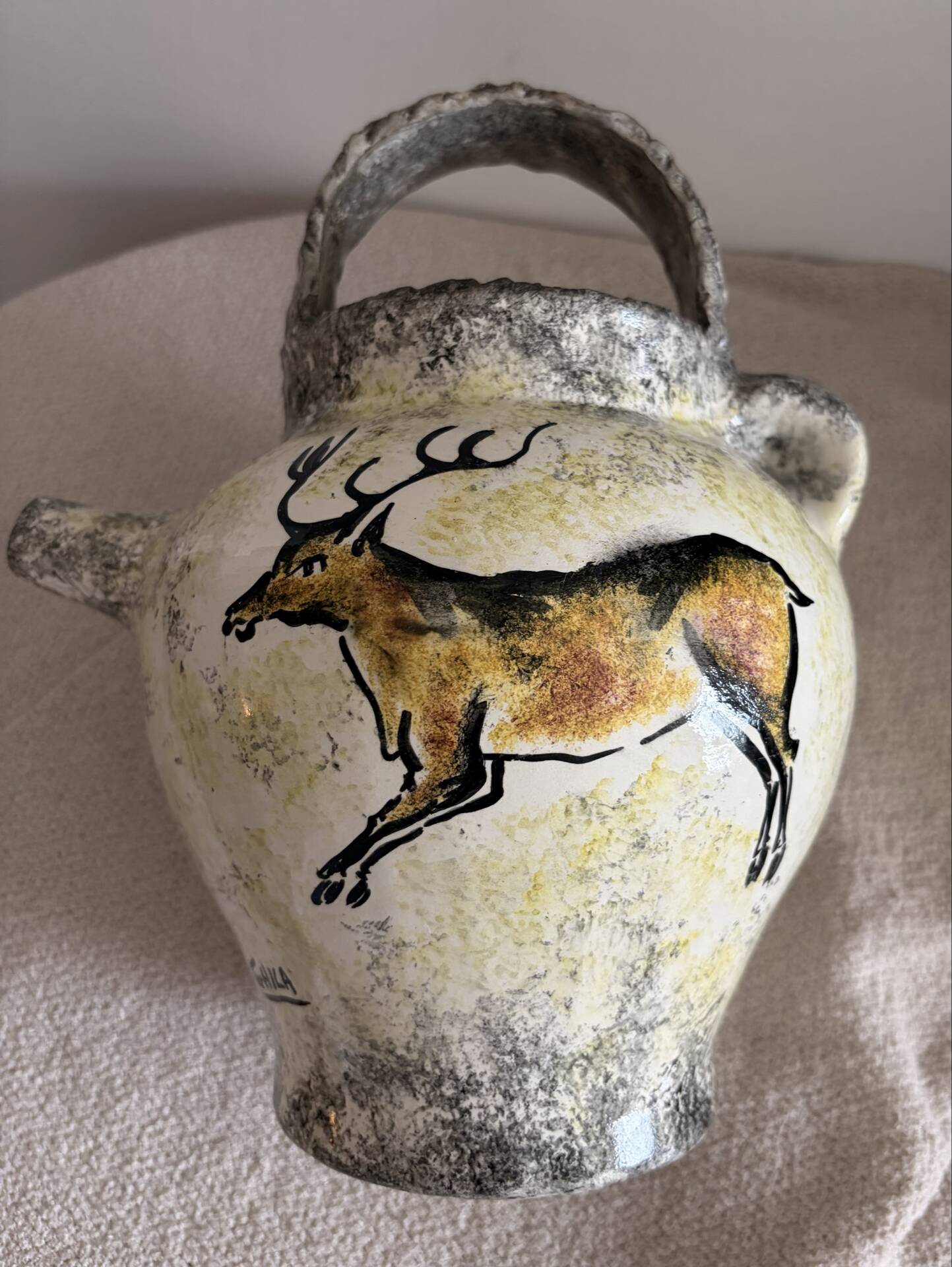 Vintage French Studio Ceramic Pitcher by Ghila – Lascaux Cave Art Styl