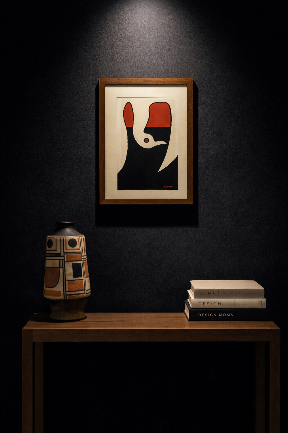 Abstract composition - gouache, signed R. Rault, vintage wooden frame