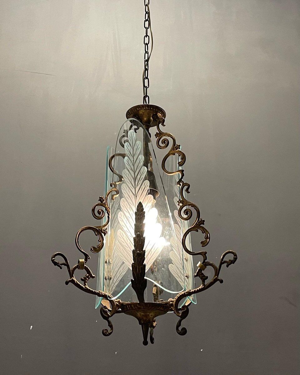 Italian art deco bronze and etched glass pendant lamp