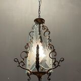 Italian art deco bronze and etched glass pendant lamp