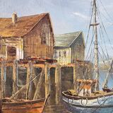 Peinture sur toile peinte à l'huile originale signée scènes de bateaux et de port du début du 20ème