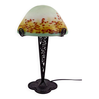 Wrought Iron Mushroom Lamp with Blown Glass Shade, 1920