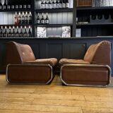 Pair of vintage low chairs, chrome and brown, France 1970