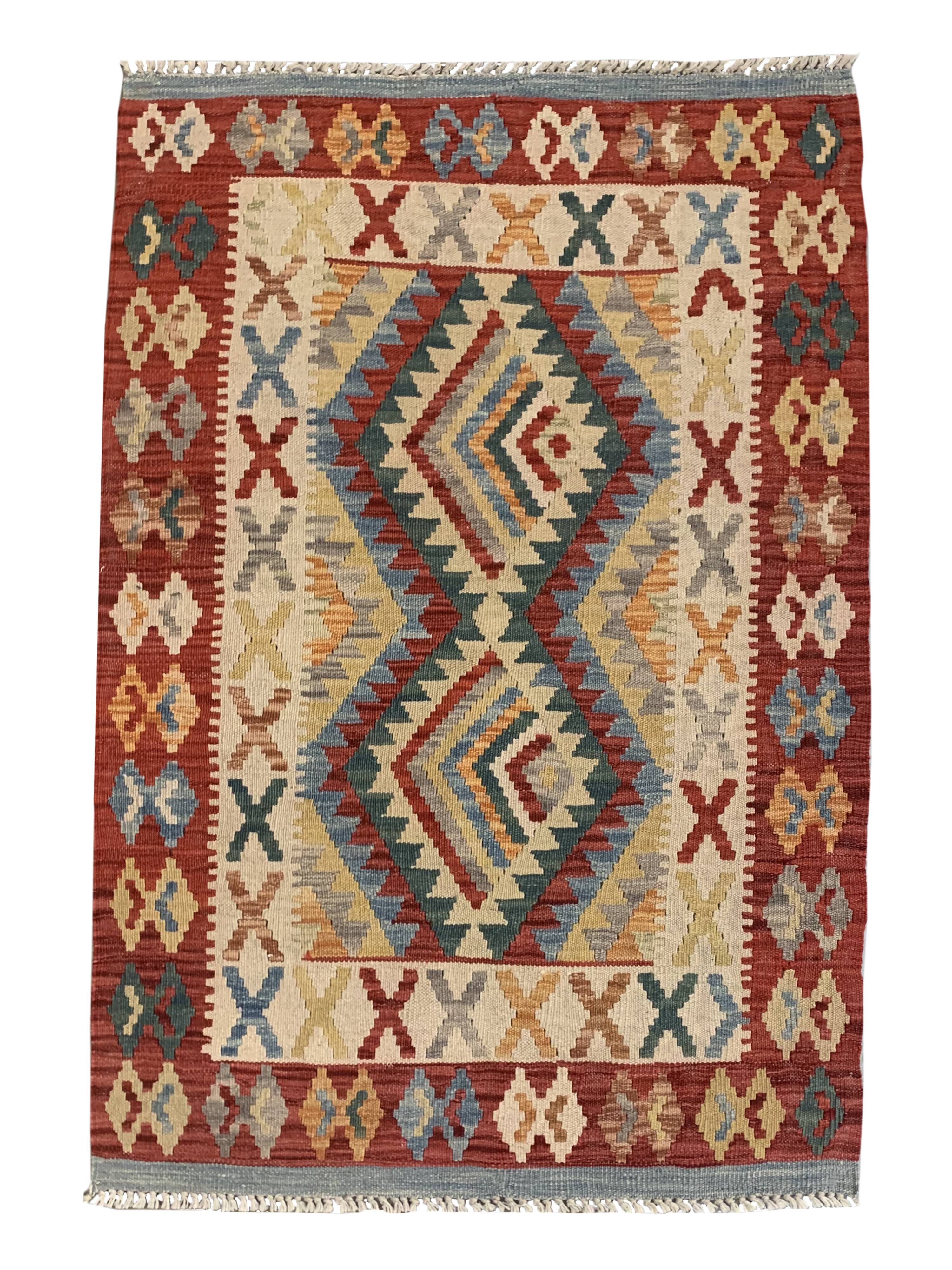 Tapis Kilim afghan fait main, tapis tribal géométrique en laine 83 x 130 cm