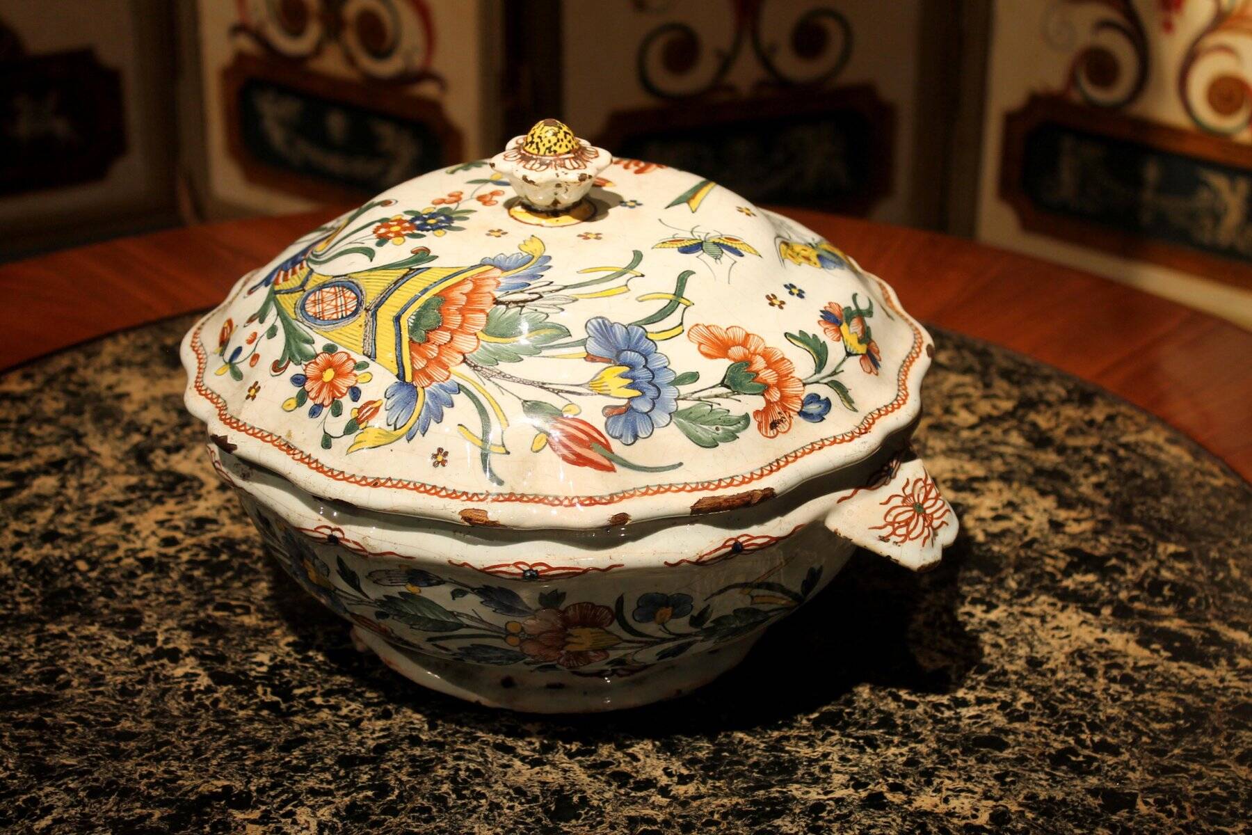 Antique French Faience Lidded Bowl Tureen Hand Painted with Flowers and Insects