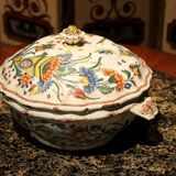 Antique French Faience Lidded Bowl Tureen Hand Painted with Flowers and Insects
