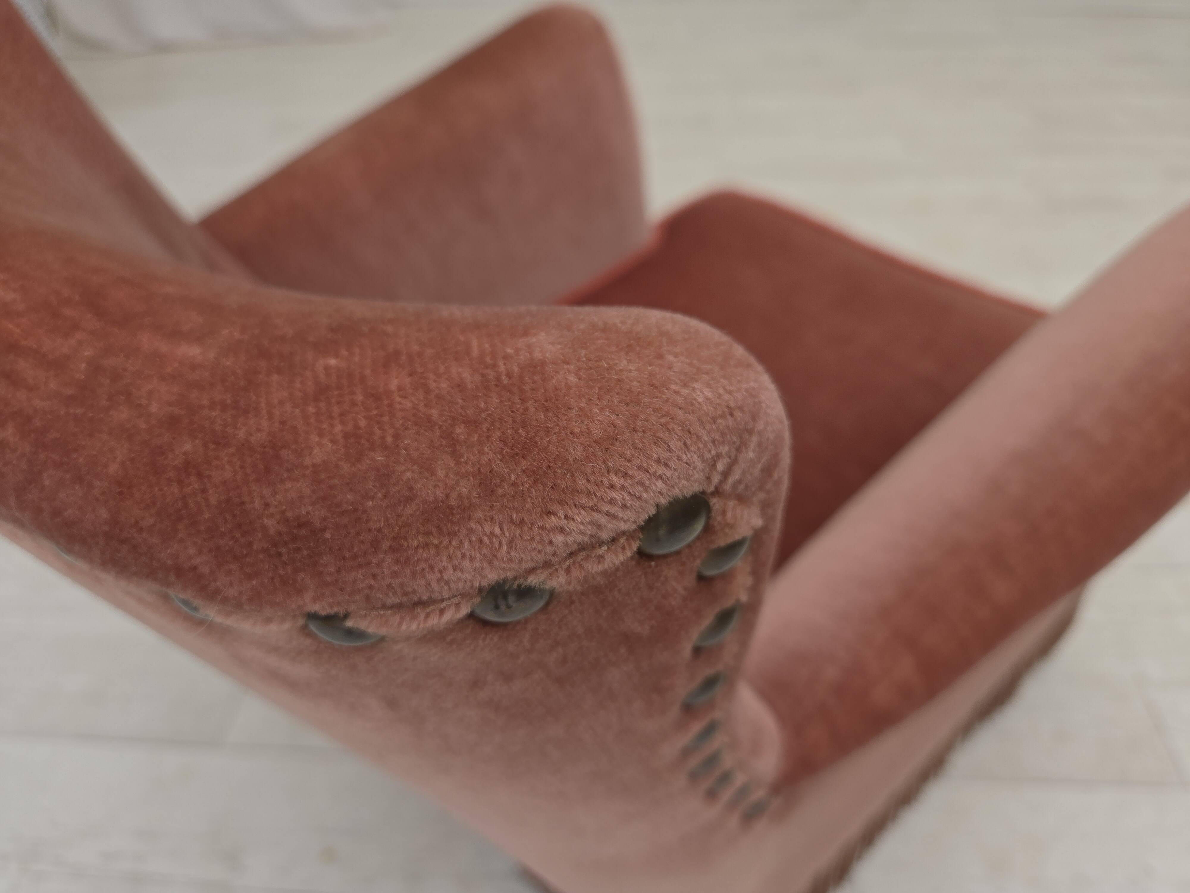 1970s, Danish armchair, salmon pink furniture velour, beech wood.