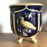 Antique earthenware flowerpot with bird decoration - circa 1900