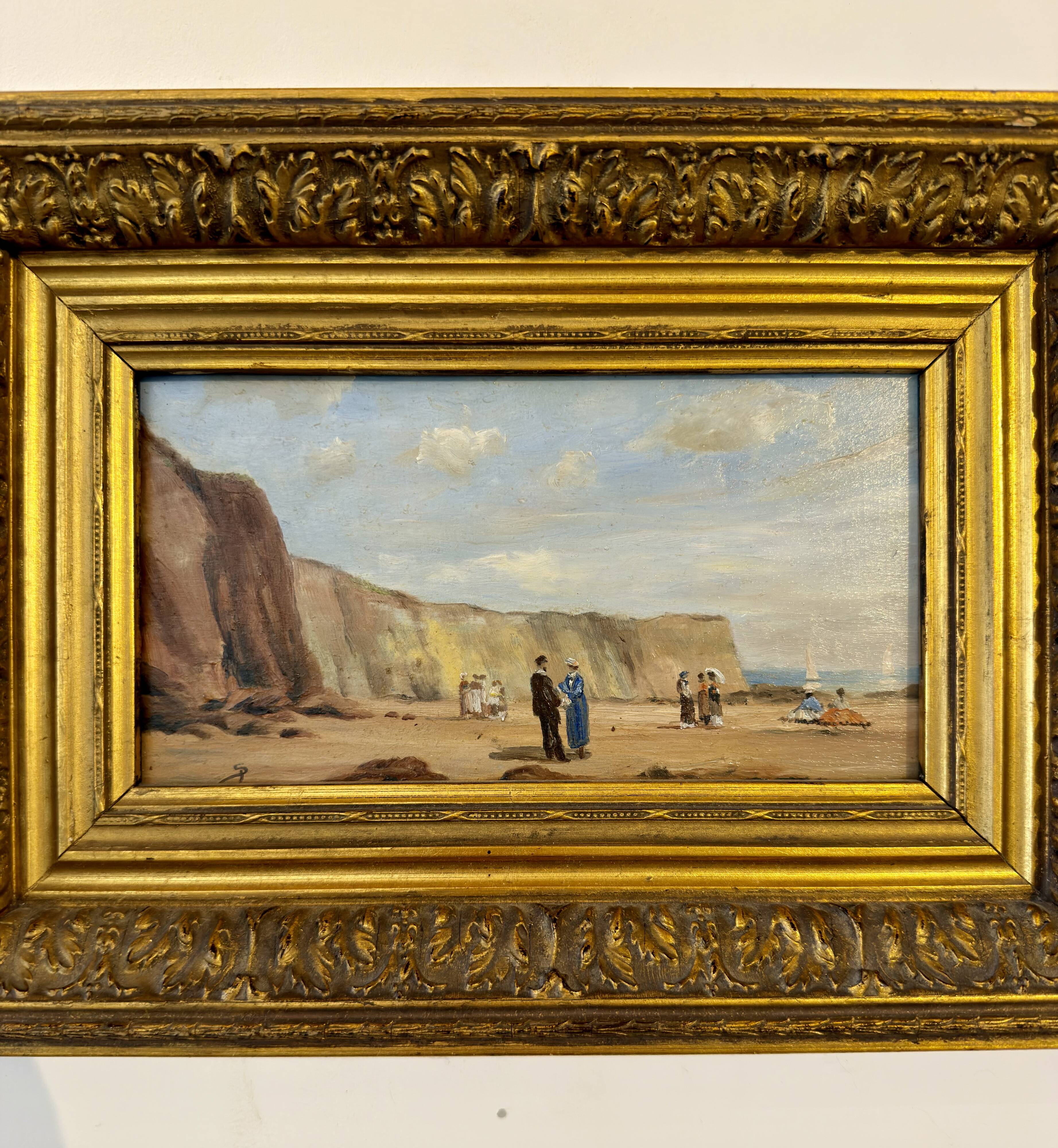 Oil on wood – Beach scene with cliffs – signed SP