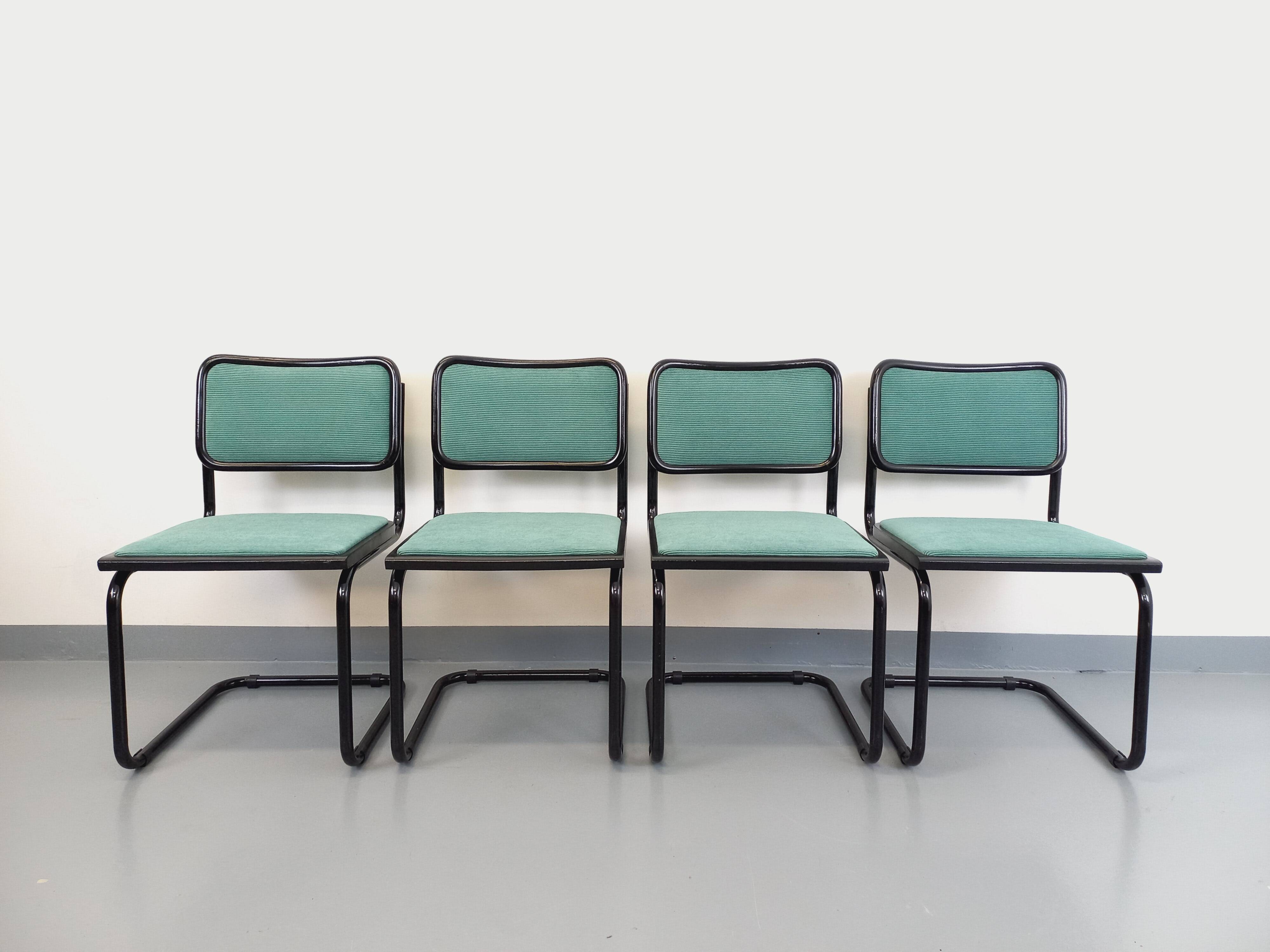 Set of 4 vintage Marcel Breuer Cesca B32 Bauhaus style chairs in black metal, black wood and v fabric