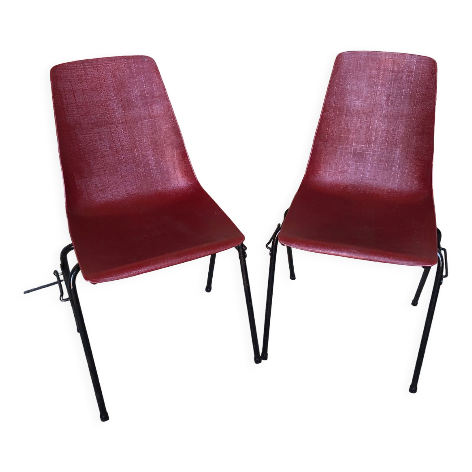 Pair of grosfillex chairs ref 2005 black metal and vintage burgundy shell -