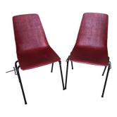 Pair of grosfillex chairs ref 2005 black metal and vintage burgundy shell -