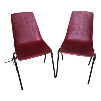 Pair of grosfillex chairs ref 2005 black metal and vintage burgundy shell -