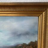Large painting of a house by the water