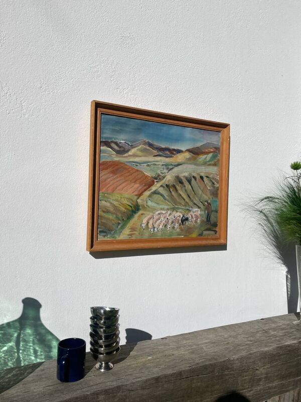 Tableau ancien huile sur toile montagne et berger