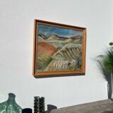 Old painting oil on canvas mountain and shepherd