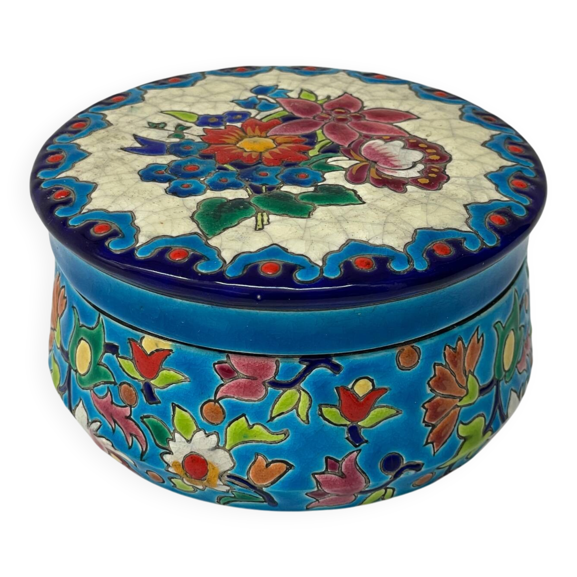 Enamelled faience jewellery box Longwy floral decoration