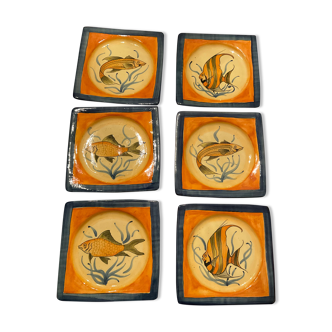 6 flat plates, square in glazed terracotta France