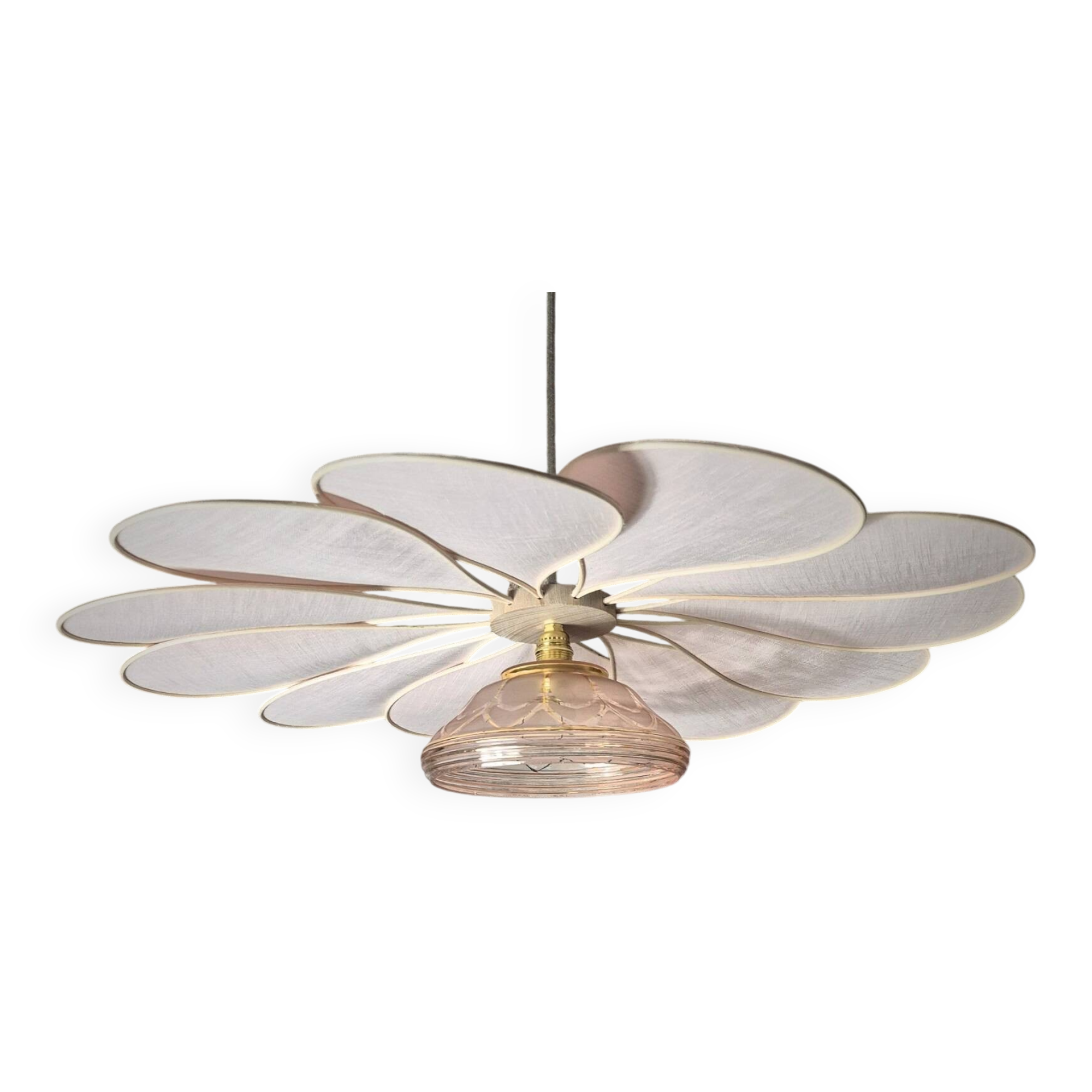 Hanging flower, 12 petals in rattan and pink linen, vintage glass globe