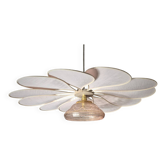 Suspension fleur, 12 pétales en rotin et lin rose, globe vintage en verre