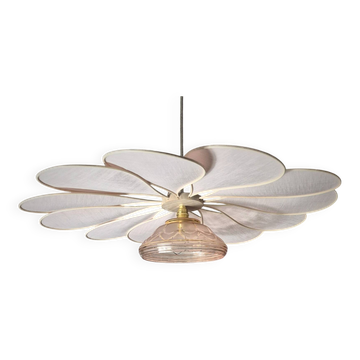 Hanging flower, 12 petals in rattan and pink linen, vintage glass globe