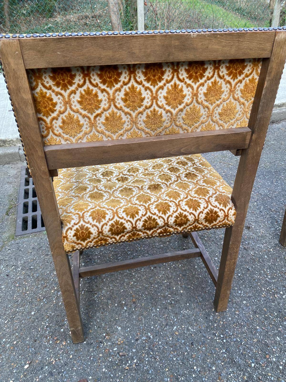 2 Henri II armchairs in solid wood and yellow-beige velvet.