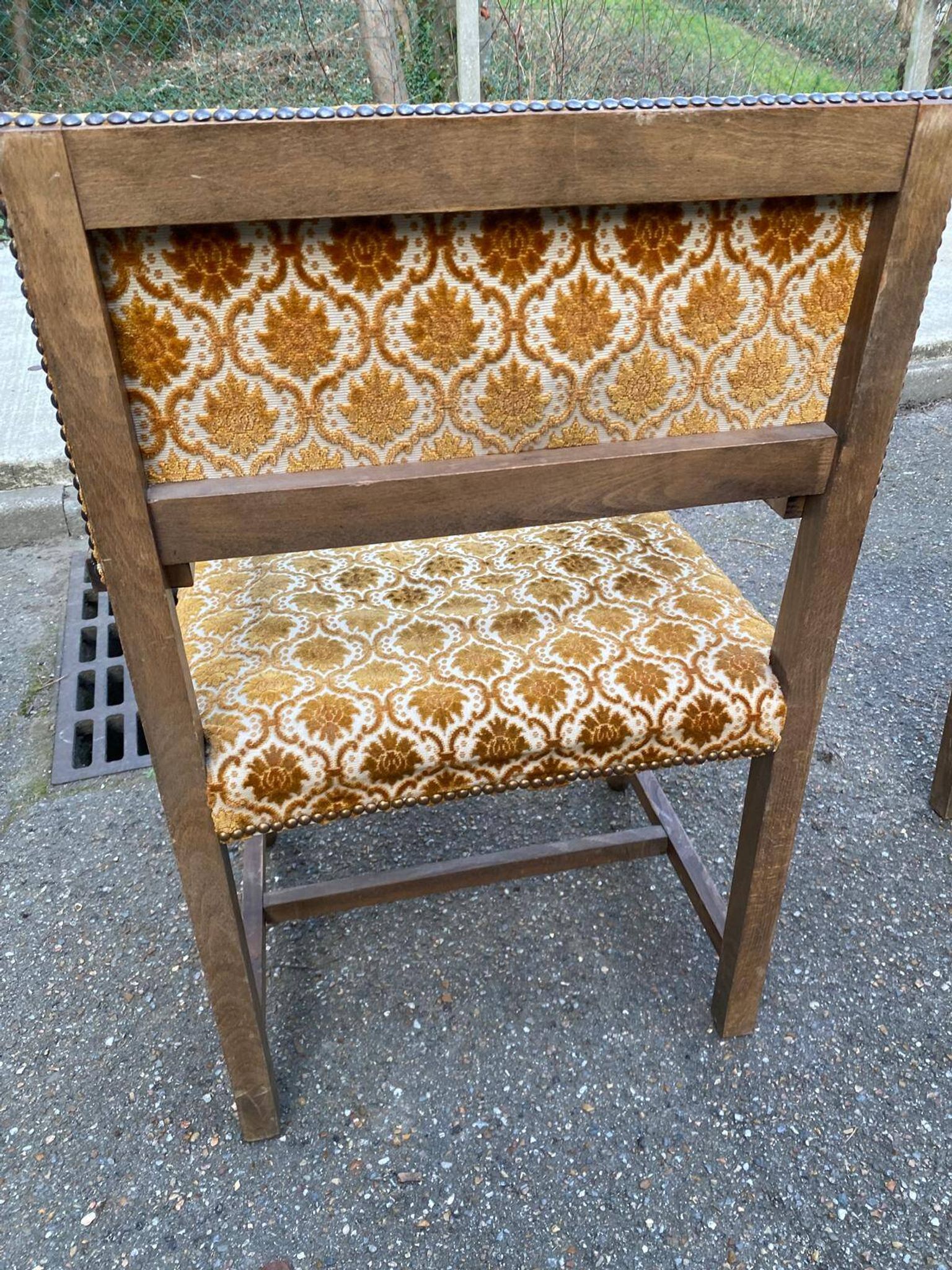 2 Henri II armchairs in solid wood and yellow-beige velvet.