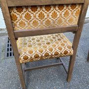 2 Henri II armchairs in solid wood and yellow-beige velvet.
