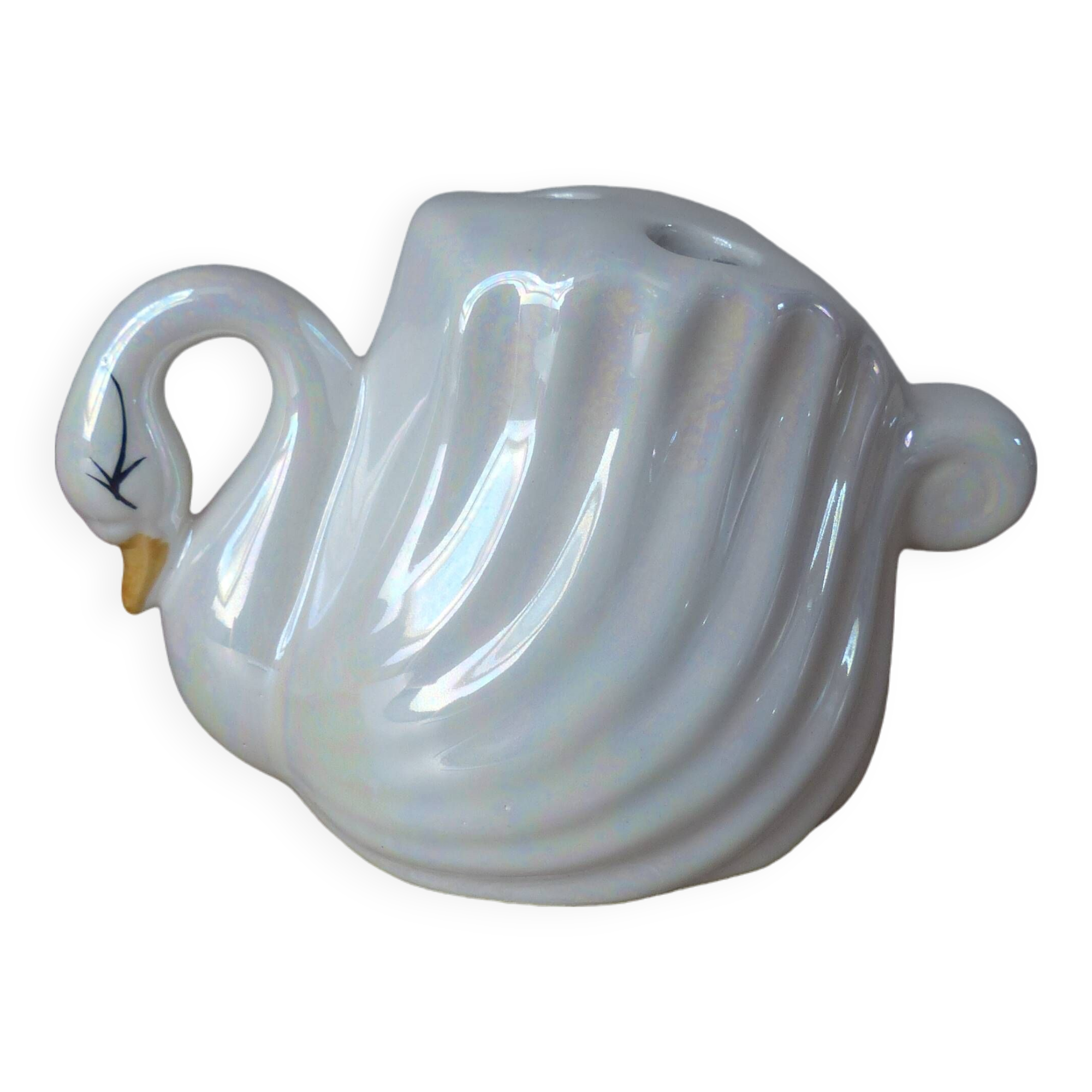 Iridescent White Ceramic Swan, Toothbrush Holder Swan, Bathroom Decoration Swan