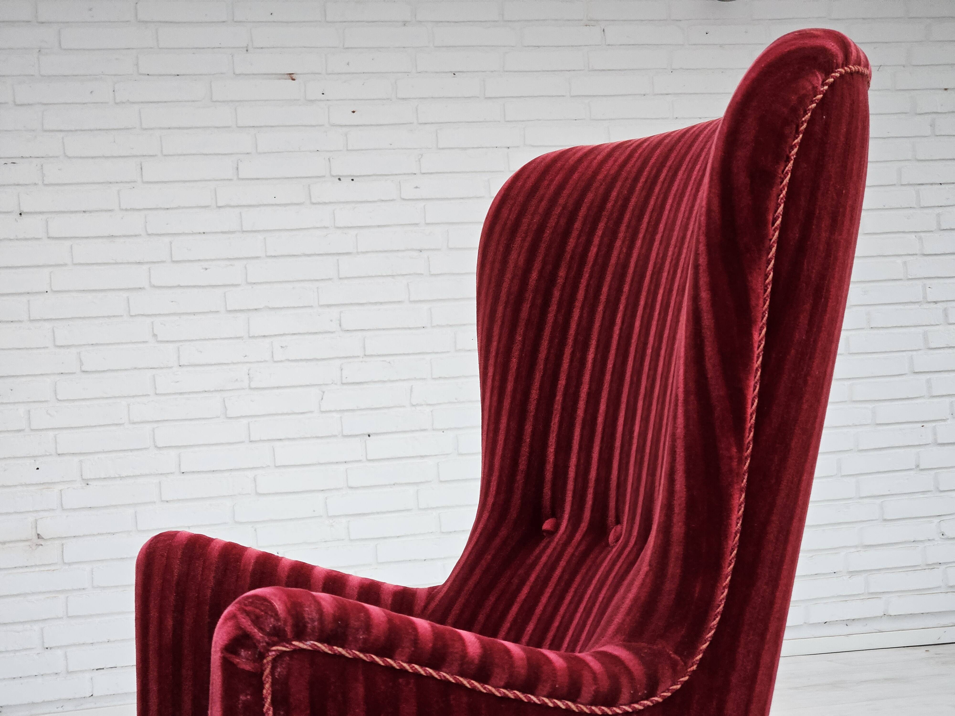 1960s, Danish armchair in cherry-red furniture velour, original condition.
