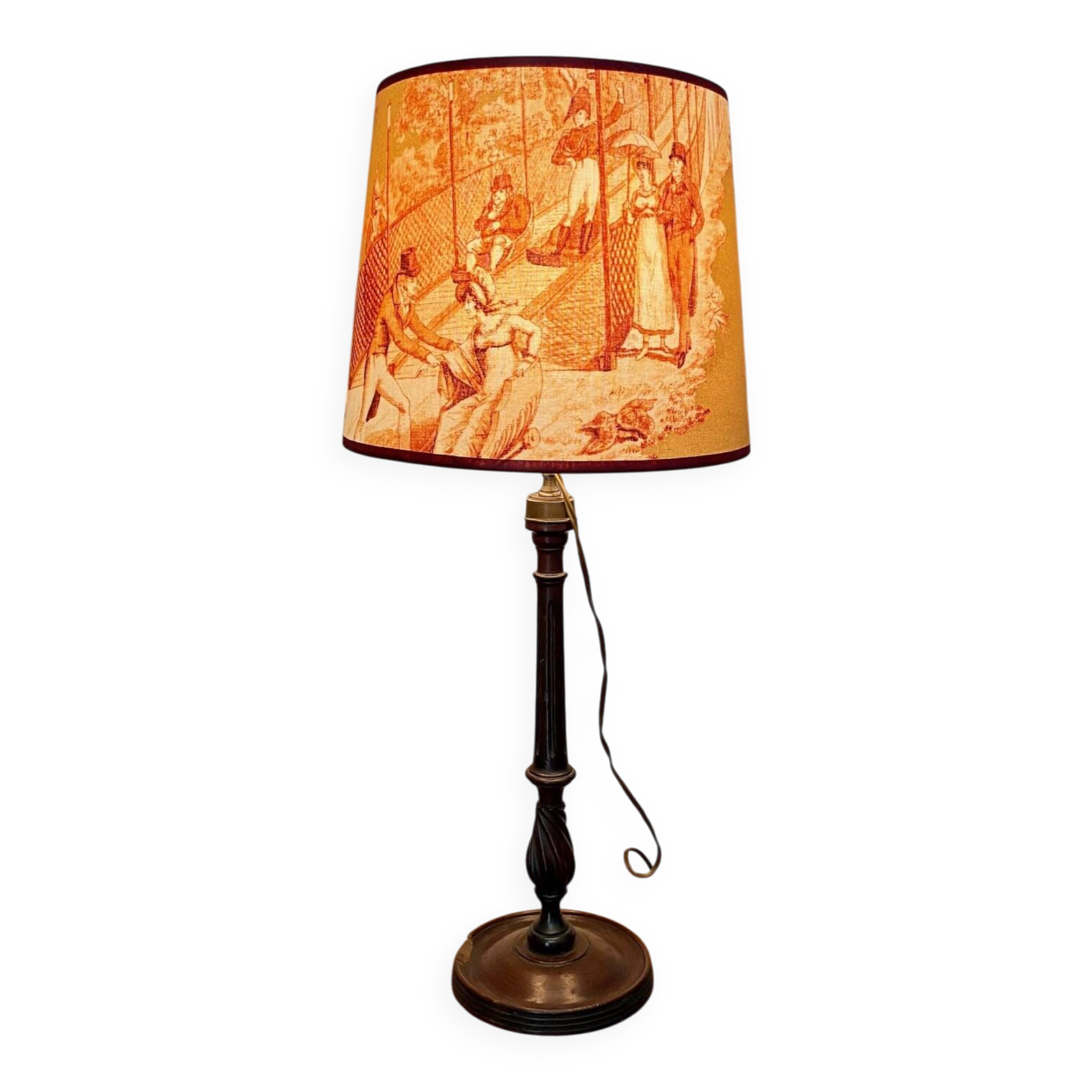 Antique wooden lamp - Toile de Jouy lampshade