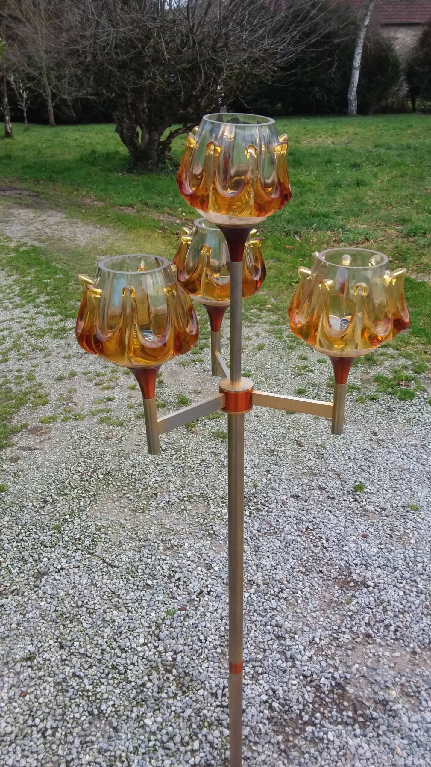 1970s design floor lamp in gold and orange chrome metal with 4 glass tulips