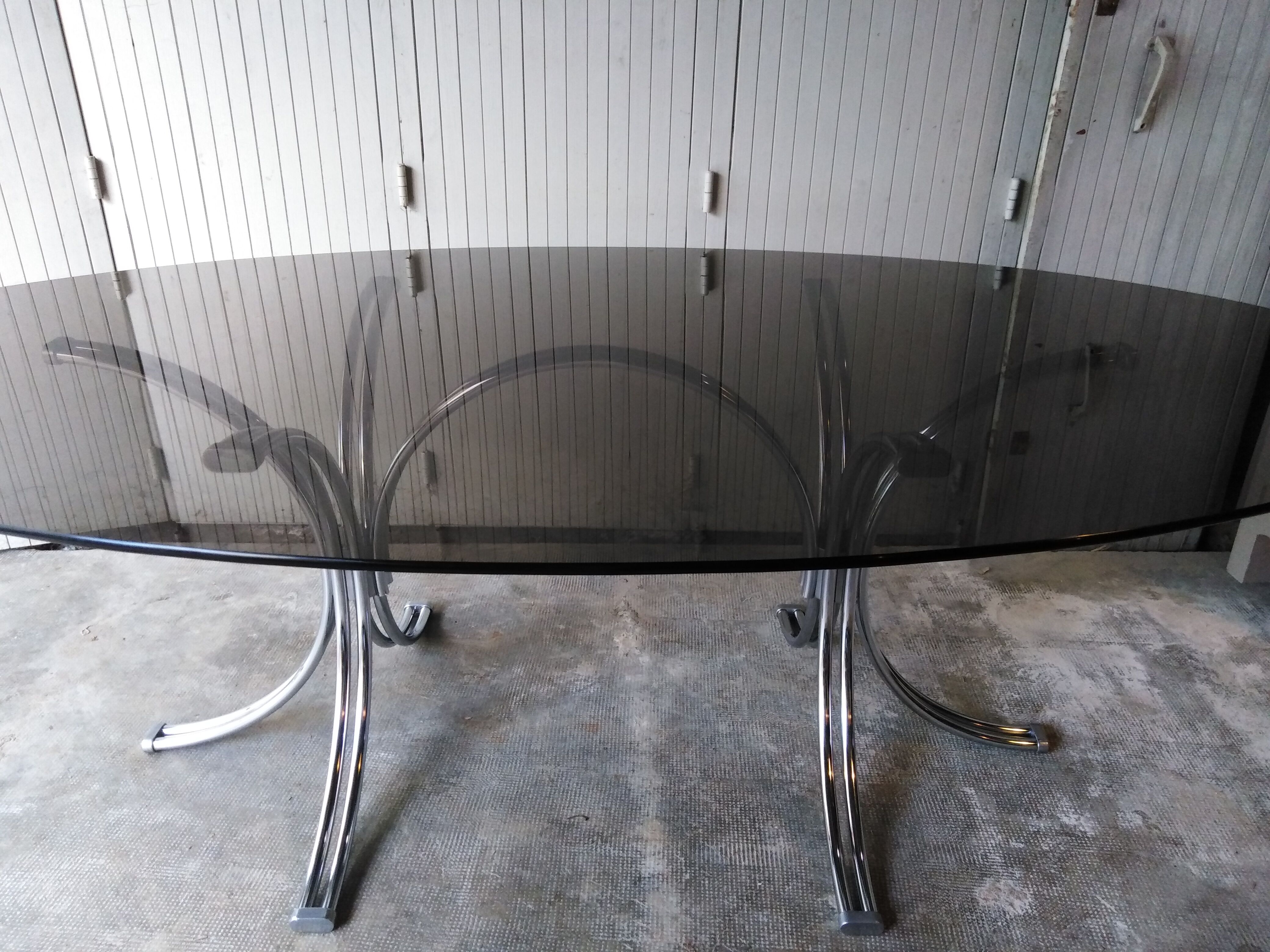 Large table Roche Bobois 1970 glass and chrome 8 pers
