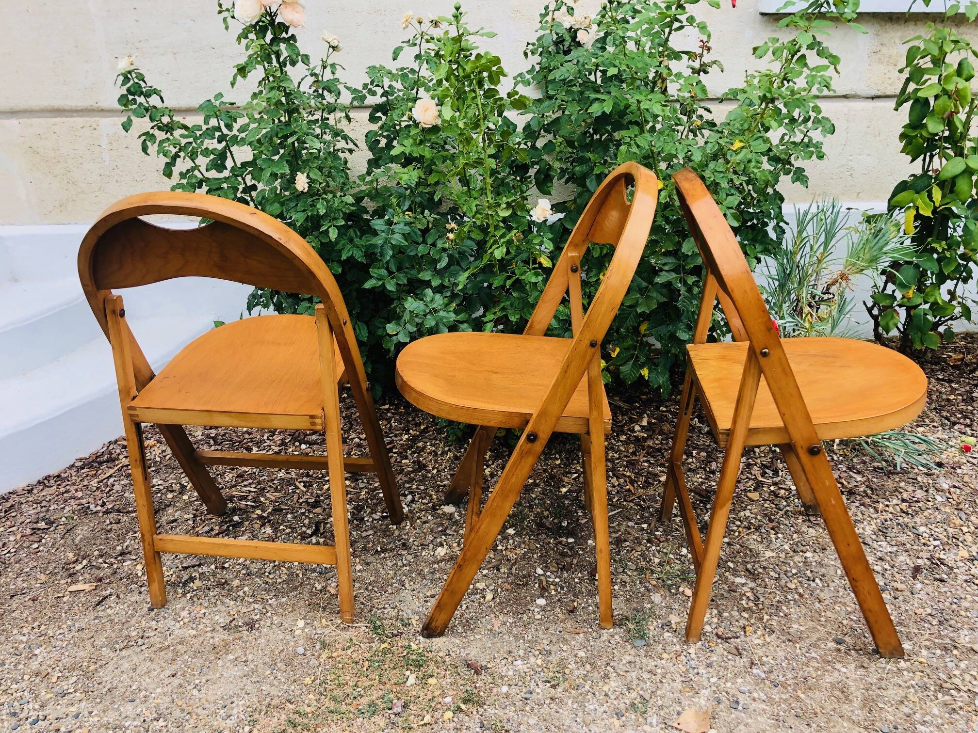 3 Thonet B751 folding chairs curved wood