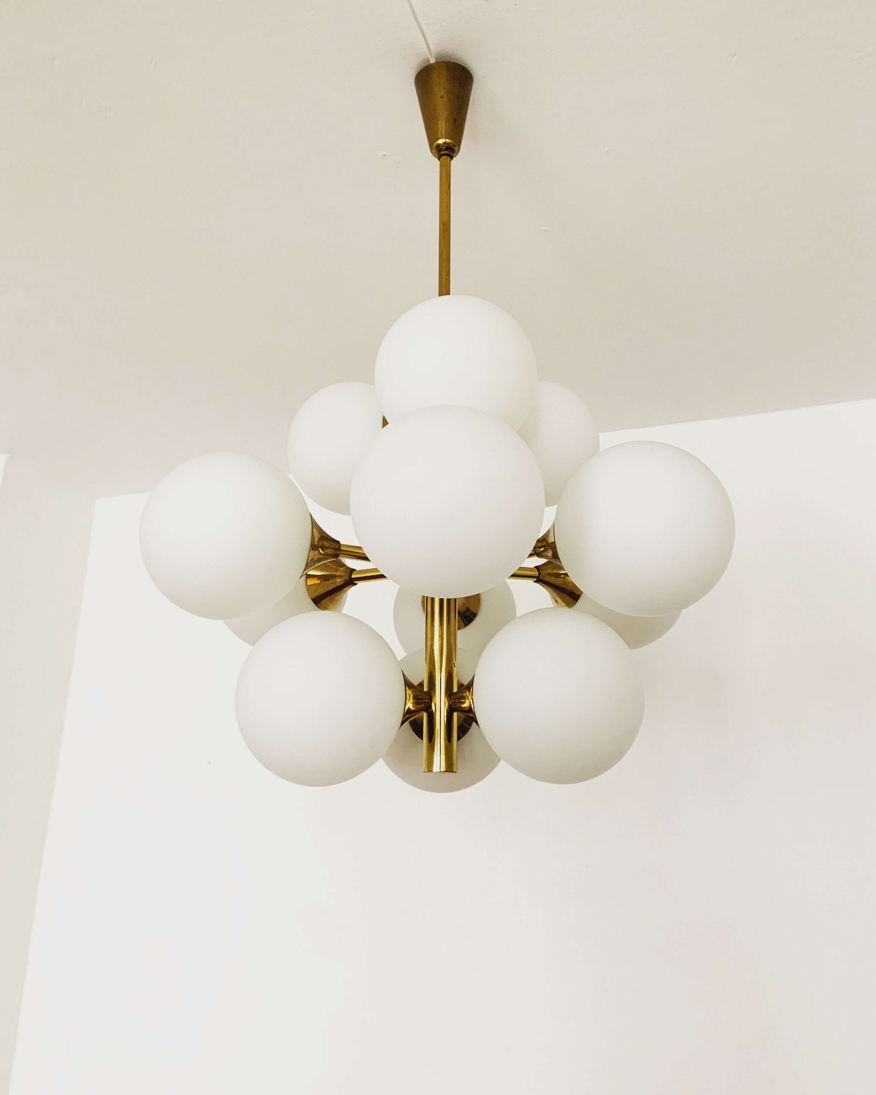 Mid-Century Modern brass and opaline glass Sputnik chandelier