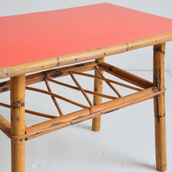 Petite table basse / Table d’appoint / Bout de canapé bambou et rotin 1960s