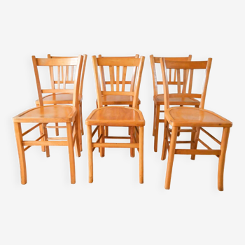 Ensemble de 6 chaises bistrot en bois blond luterma 1950